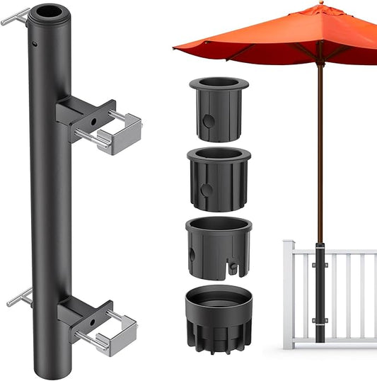 Dolibest Heavy Duty Patio Umbrella Holder, Steel Deck Clamp Holder up to 2'' Umbrella Pole, Deck Mount Umbrella Holder, Space Saving Design, Attaches to Railing Max Width 2 inch, Easy Installation