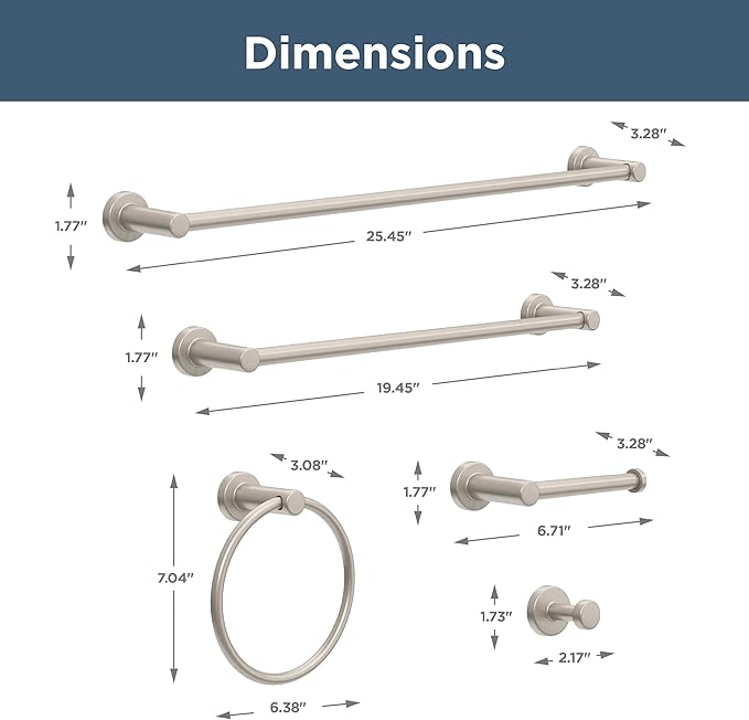 Franklin Brass Wake 5-Piece Bathroom Set SpotShield Brushed Nickel 18" & 24" Towel Bar Racks, Toilet Paper Holder, Ring, Hook | Accessories | Hardware | Fixtures WAK65-BN