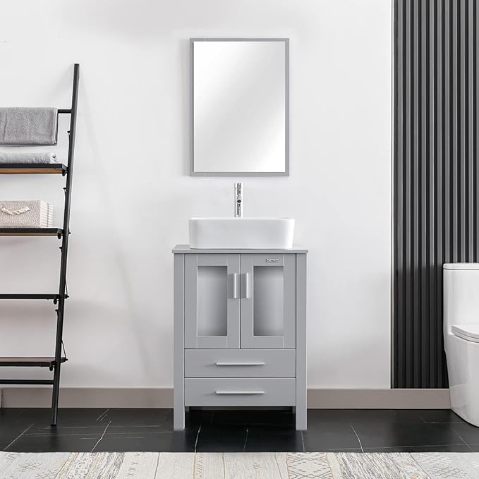 eclife 24" Modern Bathroom Vanity Sink Combo Freestanding Cabinet with Soft Closing Door, White Rectangle Ceramic Vessel Sink, Water Save Faucet, Drain (Gray+T03)