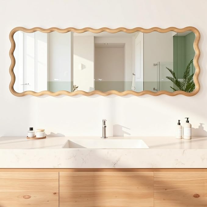 20"x63" Long Irregular Wavy Full Length Wall Mirror, Large Wood Framed Full Body Floor Mirror Leaning Against Wall for Dressing Bedroom Living Room Cloakroom Horizontal or Vertical Hanging Nature