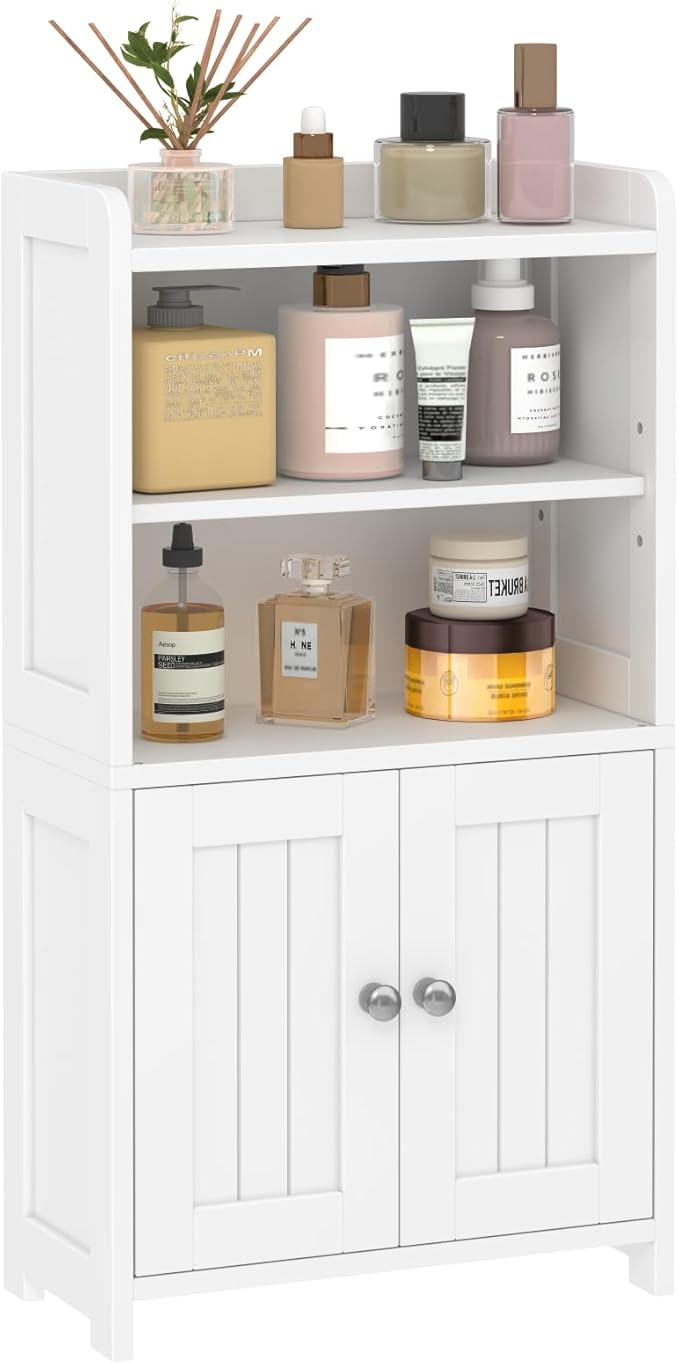 Small Bathroom Storage Cabinet, 30" Tall Freestanding Corner Floor Cabinet with Opposite Doors & 5 Shelves (2 Adjustable), Narrow Toilet Paper Holder Organizer for Small Spaces, White