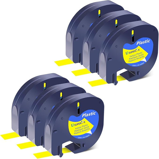 6PK Compatible for Dymo LetraTag Refills 91202 91222 91332 59423 S0721620 Yellow Plastic Label Tape 1/2'' 12mm x 4m for Letra Tag LT100H LT100T QX50 Label Maker Black on Yellow Tape