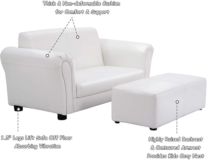 Costzon Kids Couch with Footstool, 2 in 1 Double Seat Children's Sofa w/PU Leather Surface, Armrest Chair Lounge, Soft Sofa for Preschool Bedroom Kids Room Toddlers Boys Girls Birthday (White)