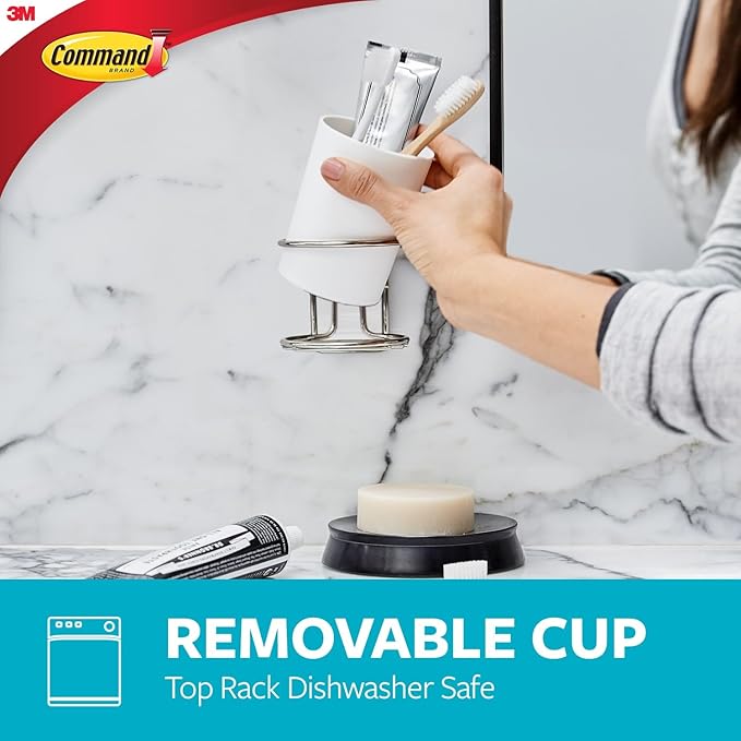 Command Accessory Organizer, Holds up to 2 lb, 3.36" x 3.78" x 4.4" Organizer with 2 Medium Water-Resistant Strips, Satin Nickel, Damage-Free Bathroom Organization