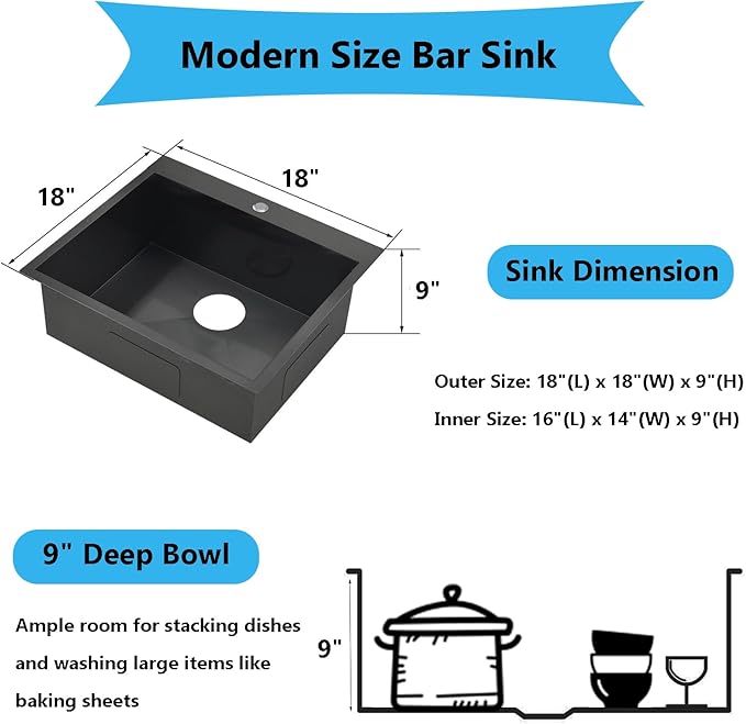 18x18 inch Drop in Bar Sink Black, Topmount Stainless Steel Small Kitchen Sink for Laundry Wet Bar Prep RV Office Outdoor Yard with Dish Grid and Basket Strainer