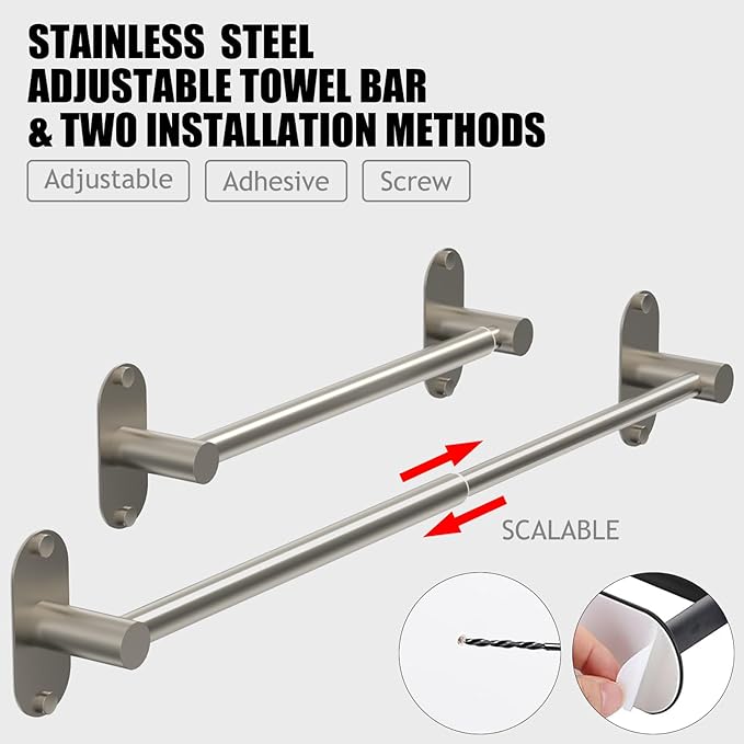 Towel Bar, Adjustable 14.4inch - 25.2inch Towel Rack, Self Adhesive & Wall Mounted for Bathroom Kitchen Hand Towel Holder Cloths Hanger SUS 304 Stainless Steel Organizer Single Bar (1, Brushed Nickel)