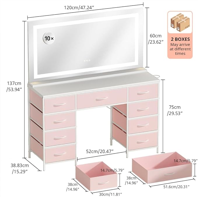 COMHOMA Vanity Desk with Large Mirror,LED and Power Outlet,Makeup Table with 9 Storage Drawersand HD Mirrors,3 Color Modes Adjustable Lighting for Bedroom Dressing Room (Pink, 47inch)