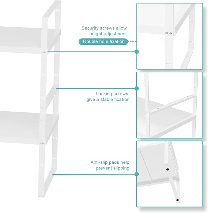 Cabinet Organizer Shelf,Expandable Counter Spice Rack,Stackable Shelf,Adjustable Storage Riser for Kitchen Pantry Countertop Cupboard,White,D:8.07"
