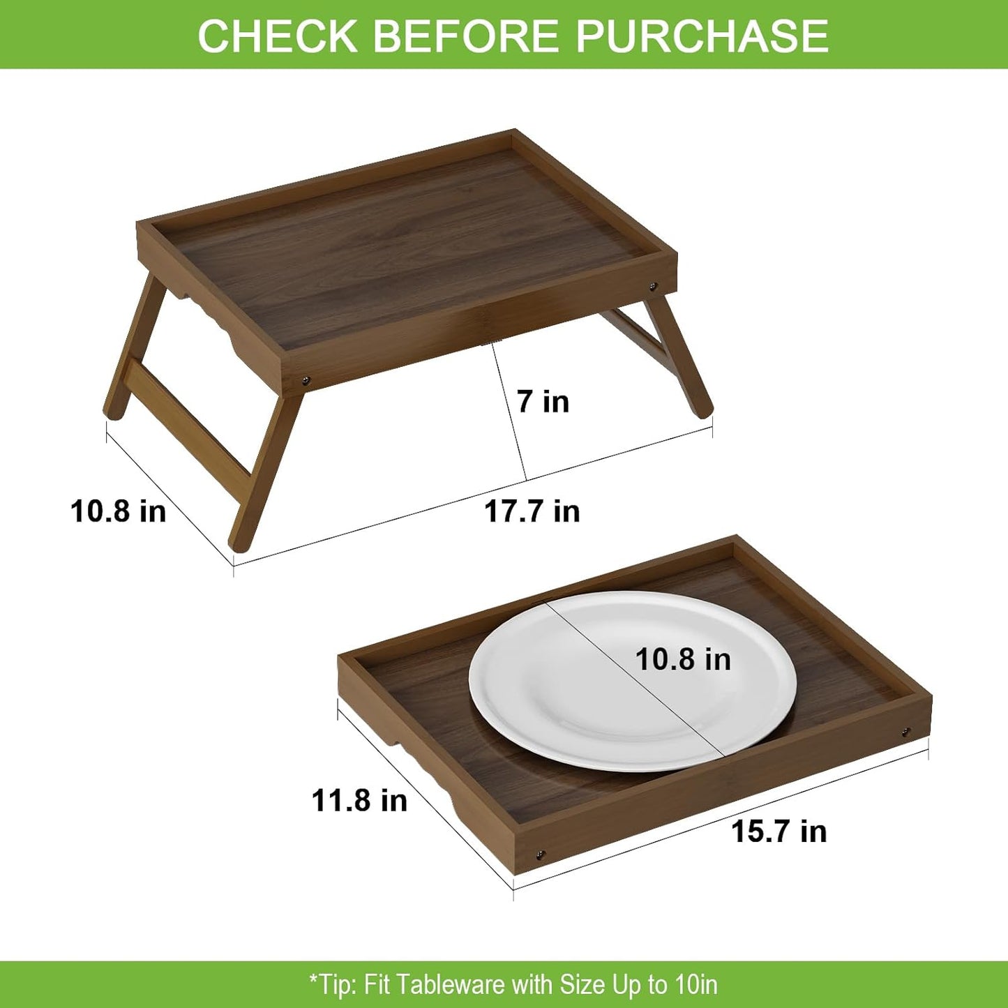 Bamboo Bed Tray Table with Folding Legs & Handles