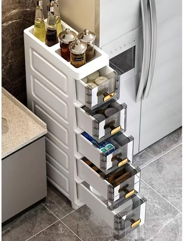 Slim Storage Cabinet with Drawers - Durable Waterproof PP Organizer for Bathroom/Kitchen/Health - Small Spaces, Snacks, Display & Retail