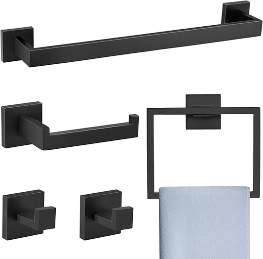 Matte Black 5 Pieces Bathroom Hardware Accessories Set Towel Bar Towel Holder Towel Racks Set for Bathroom,Stainless Steel Wall Mounted 16-Inch Towel Bar