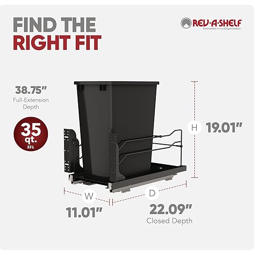 Rev-A-Shelf 35 Qt Pullout Under Cabinet Kitchen Trash Can w/Soft-Close Slides for 15” Base Cabinets, Black, 53WC-1535SCDM-118 - Container Bin for Waste Management