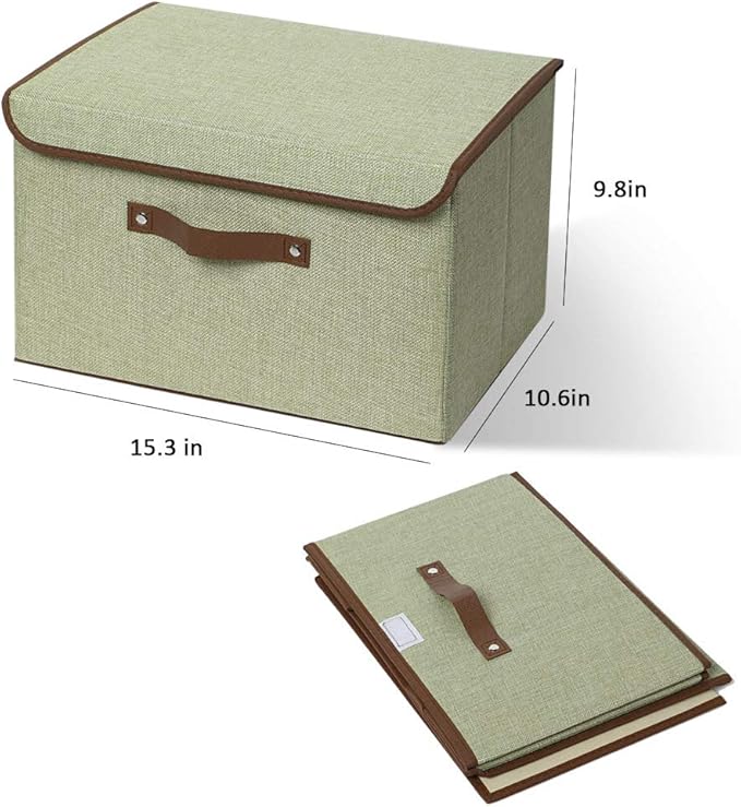 UUJOLY Large Storage Bins Linen Fabric Foldable Basket Cubes Organizer Storage Box Drawer with Lid and Handles for Home, Office, Closet, Bedroom, Nursery（(Green-2pcs)）