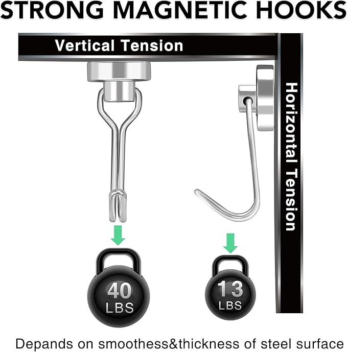 MIKEDE 12 Pack Magnetic Hooks, 40LB Heavy Duty Neodymium Magnet Hooks, Strong Magnetic Swivel Hooks for Hanging, Magnets with Hook Magnetic Metal Hanger for Fridge, Toolbox, Storage