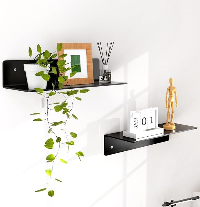 12" Black Acrylic Floating Shelves, 2 Pack with Cable Clips, Small Floating Shelf for Expand Wall Display Space for Living Room, Bathroom, Gaming Room, Dorm Wall Decor