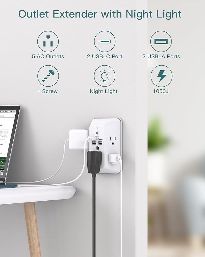 Surge Protector, Outlet Extender with Night Light, Addtam 5-Outlet Splitter and 4 USB Ports(2 USB C), USB Wall Charger Power Strip, Multi Plug Outlet for Home, Office, School, ETL Listed