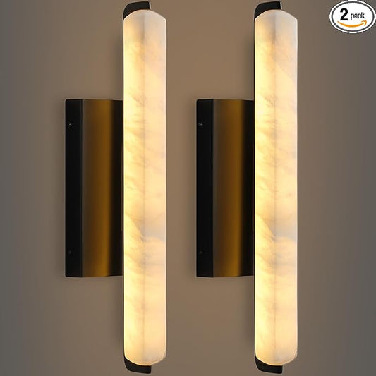 Alabaster Wall Sconces Set of Two, 15" Black Alabaster Sconce, Spanish Natural Marble Bathroom Vanity Sconces, Rectangle Modern Sconces Lighting for Bedroom Living Room Staircases Hallway
