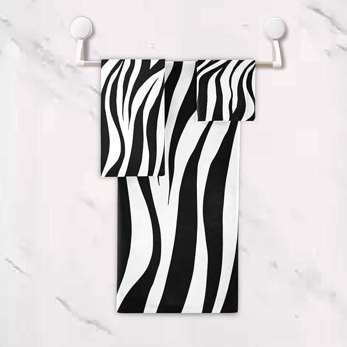 3 Piece Zebra Animal Skin Print Bath Towels Set,Microfiber Modern Black White Striped Abstract Decorative Bathroom Towels,1 Bath Towel 1 Hand Towel for Bathroom Kitchen,1 Washcloth for Face