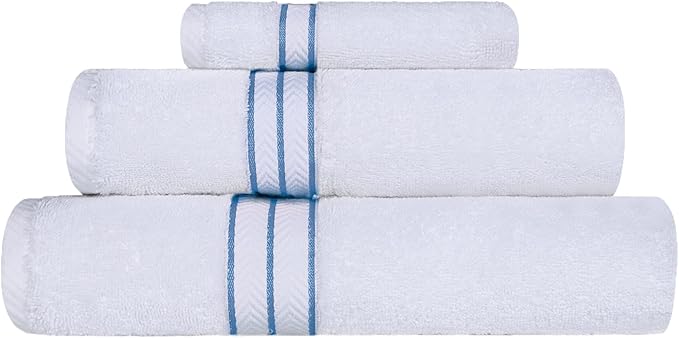Superior Hotel Turkish Cotton 3 Piece Towel Set, Ultra Plush Spa Quality Heavyweight Essentials for Bathroom, Thick Absorbent and Soft, Dobby Border, Includes 1 Bath 1 Hand 1 Washcloth, Light Blue