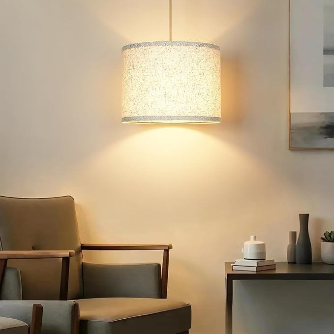 Plug in Pendant Light, Hanging Lamp with Plug in Cord, Rustic Farmhouse Hanging Lights with 3-Way Dimmable Bulb, Pendant Lights Fixtures for Kitchen Dining Room Bedroom Entryway, (Beige Shade)
