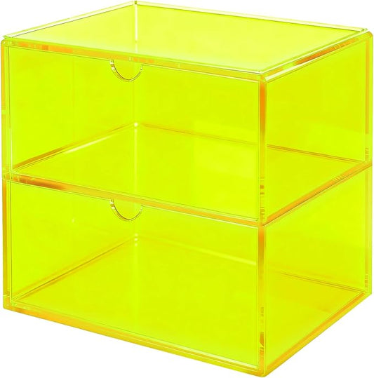 Acrylic Desk Organizer with Drawers Stackable Makeup Organizer for Vanity Office Countertop Cosmetic Display Cases Makeup Storage Box, Neon Green