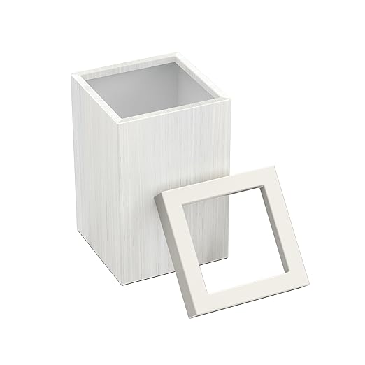 Gatco Small Bathroom Trash Can with Lid, Square 3 Gallon Wastebasket, Under Sink, White Oak with Matte White, for Bathroom, Bedroom, Office (1936W)