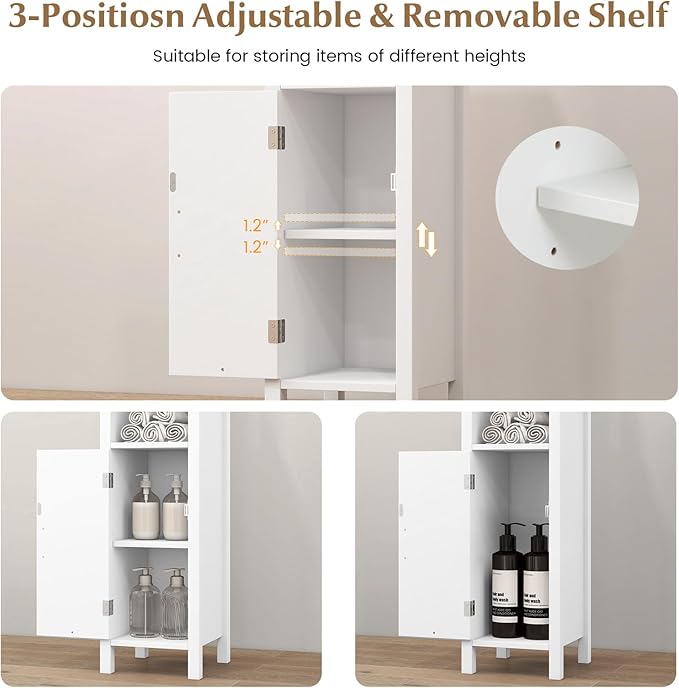 HAPPYGRILL Bathroom Floor Cabinet, Freestanding Narrow Storage Cabinet Console Table Nightstand with Adjustable Inner Shelves, Bathroom Side Storage Cabinet for Living Room Kitchen Entryway (White)