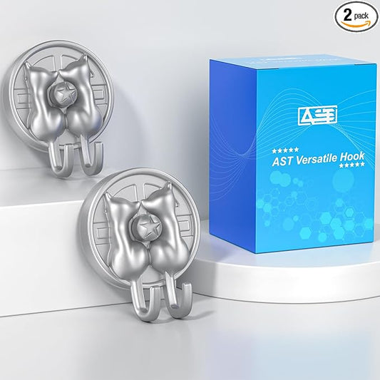 AST Cute Double-Cat Suction Cup Hook, 2 Pack, Heavy Duty Hooks, Upgraded Reliable Force of both Adhesion and Vacuum, Wall Holders for Loofah, Towel, Coat and Bath Robe, Waterproof Hanger, Matte Silver