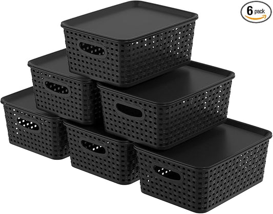 Plastic Weave Storage Bins with Lids, Plastic Organizing Baskets with Lid, Black, 6 Packs