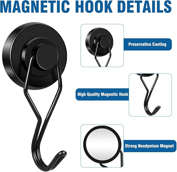 E BAVITE Black Swivel Swing Magnetic Hooks 120LB Refrigerator Magnet Hook 10 Pack Strong Neodymium Magnet Hook for Magnets Surfaces 67.5mm(2.66in) in Length