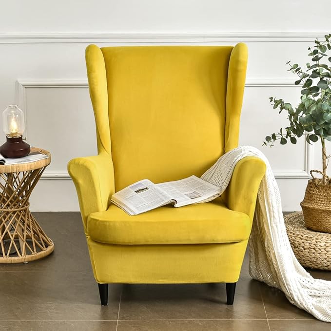 OBCREAT Wingback Chair Covers,2 Piece Stretch Velvet Wingback Chair Slipcover Soft Wing Chair Sofa Covers with Elastic Bottom,Armchair Couch Cover Furniture Protector for Living Room (Yellow)