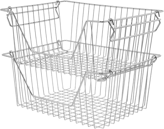 Stackable Wire Metal Baskets Fruit Vegetable Organization Pantry Cabinet Metal Bin Large Basket Shelves Storage for Kitchen Freezer, Set of 2