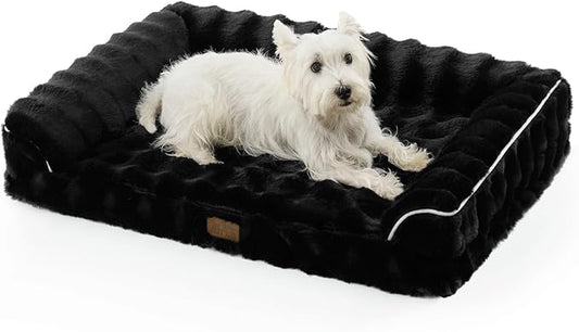 Faux Fur Orthopedic Dog Bed, Dog Bed for Large Size, Supportive Foam Pet Sofa with Waterproof Lining Cover, Washable U-Shaped Pet Couch with Anti-Slip Bottom, Black L 36x27x6.5 inch