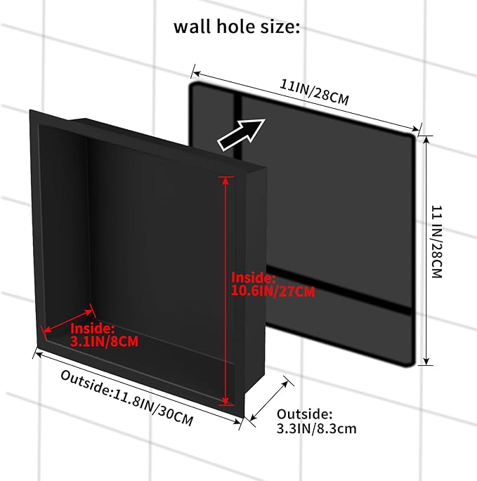 12"×12" Stainless Steel Shower Niche, Recessed Shower Caddy, Bathroom Shelf Insert Fits for 11"x11" Wall Hole Installation (Matte Black)