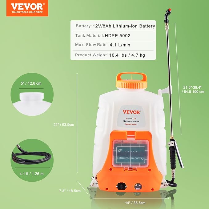 Battery Powered Backpack Sprayer, 0-90 PSI Adjustable Pressure, 4 Gallon Tank, Back Pack Sprayer with 8 Nozzles and 2 Wands, 12V 8Ah Battery, Wide Mouth Lid for Weeding, Spraying, Cleaning