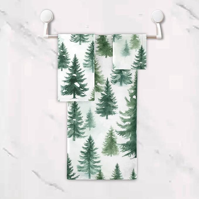 Christmas Winter Towels Set of 3 Woodland Rustic Forest Pine Trees Bathroom Towel Soft Absorbent Bath Hand Towels Washcloth Guest Towel Sets Xmas Holiday Decor