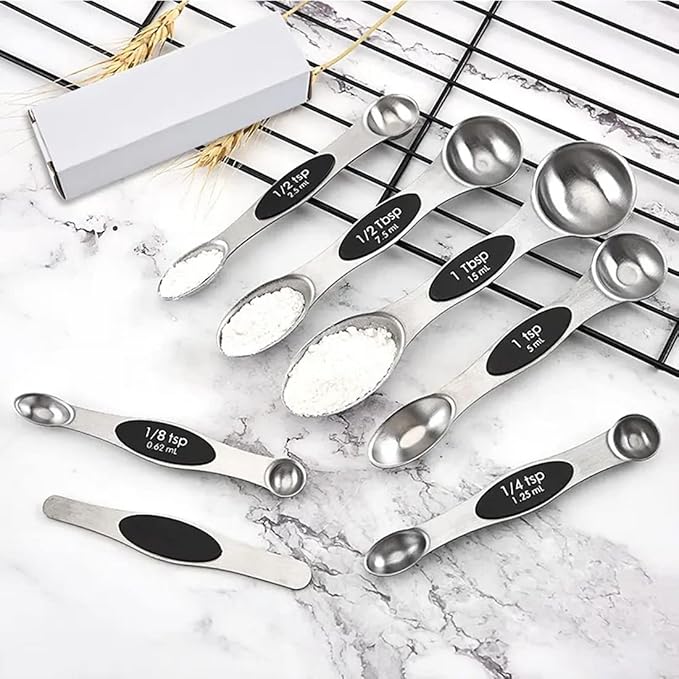 Set of 7 Stainless Steel Magnetic Measuring Spoons Set with Leveler - Stackable Tablespoon Measure Spoon for Baking and Cooking, Kitchen Gadgets for Apartment Essentials (Black)