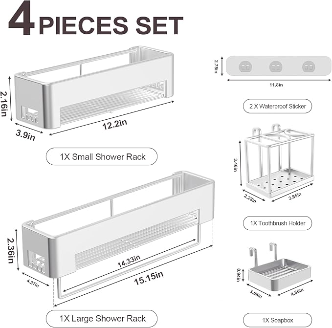 Large Shower Caddy, 4 Pack Adhesive Shower Organizer, 15.15in Large Capacity Bathroom Shelves, No Drilling for Bathroom Organizers and Storage & Home Decor & Kitchen (slive)