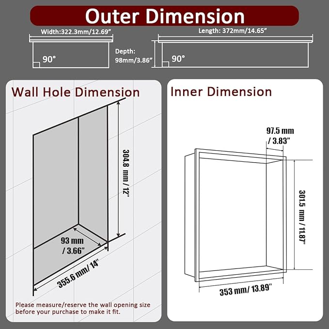 JQK Shower Niche No Tile Need, 12"×14" Matte Black Bathroom Insert Shelf, 304 Stainless Steel Recessed Shower Caddy Organizer Storage, SNL1214-PB