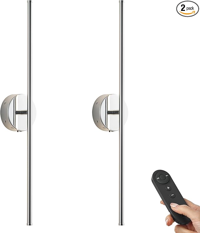 Battery Operated Wall Sconces with Remote Control, Dimmable Wall Sconces Set of Two, 350°Rotate, 3000K LED Chrome Wireless Wall Light for Living Room, Bedroom,Hallway, 32.2 Inch (2 Pack)