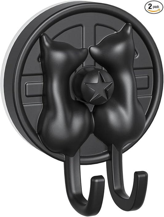 AST Cute Double-Cat Suction Cup Hook, 2 Pack, Heavy Duty Hooks, Upgraded Reliable Force of Both Adhesion and Vacuum, Wall Holders for Loofah, Towel, Coat and Bath Robe, Waterproof Hanger, Matte Black