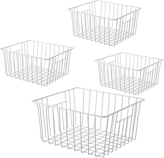 Freezer Wire Baskets, Kitchen Storage Organizer Bins for Chest and Upright Freezer, Refrigerator Dividers Containers with Handles - Pearl White (4)
