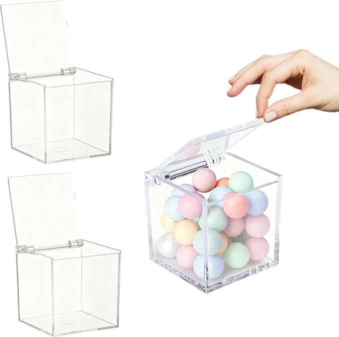 Acrylic Box with Hinge Lid, Clear Cube Display Case,Acrylic Square Container for Holding Staples, Highlighters, Adhesive Tape, Paper Clips, Stamps, Display in Office or Home
