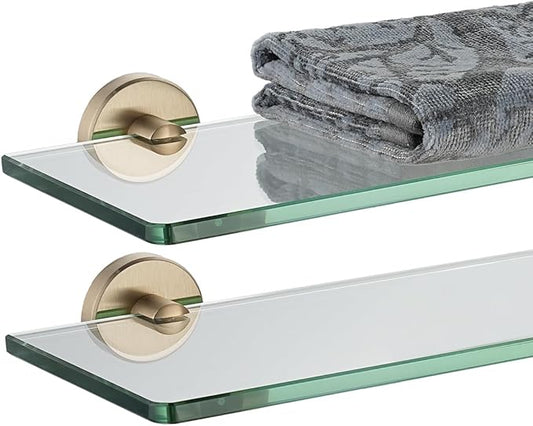 JQK Bathroom Glass Shelf, Tempered Glass Shower Storage 16 by 5 inches, 304 Stainless Steel Champagne Bronze Wall Mount 2 Pack, TGS101L16-CB-P2