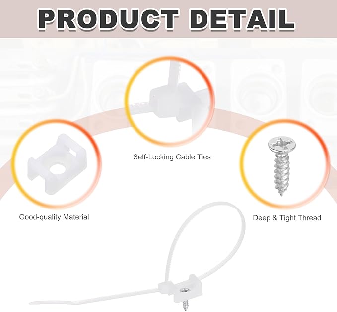 MECCANIXITY 60pcs 0.58" Cable Tie Saddle Type Mounts Base with 8" Cable Zip Ties and M3 Tapping Screws, Wire Organizer Holder Clamps Set, White