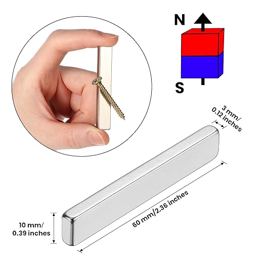 Hicarer 80 Pack Neodymium Rare Earth Bar Magnet Heavy Duty Rectangular Thin Bar Magnet Strip with Double Sided Adhesive for DIY Fridge Kitchen Office, 60 x 10 x 3 mm