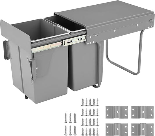 Double Pull Out Trash Can for Under Kitchen Cabinets 44 Qt with Soft-Close Slides, Under Sink Garbage Waste Recycling Bin with Lid for Cabinet, Gray