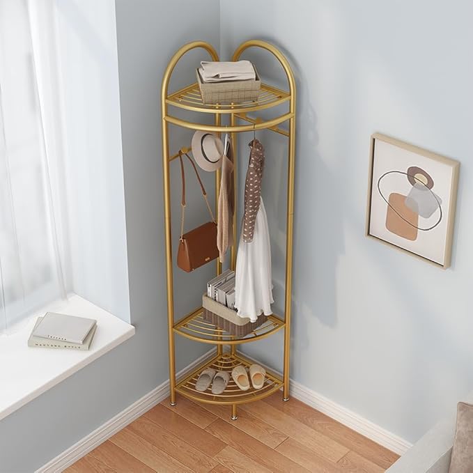 Metal Corner Coat Racks, Gold Clothing Racks Hall Tree, Freestanding Garment Rack with Hooks and Storage Shelf for Hallway, Entryway, Bedroom, Living Room, Office(Gold)