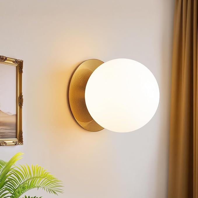1 Pack Gold Wall Sconce, Modern Bathroom Sconce with Milky Globe Glass, Wall Light for Bathroom Mirror, Living Room, Hallway (Bulb Not Included)
