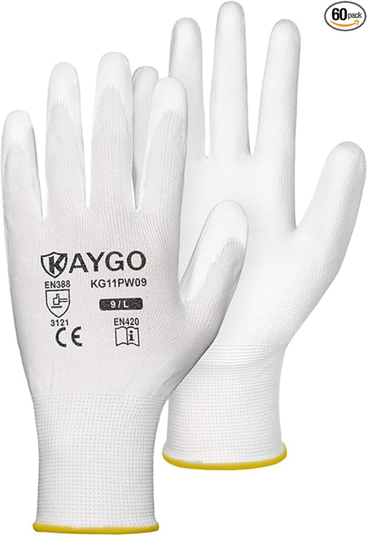 KAYGO Work Gloves for Men and Women, 60 Pairs Seamless Knit PU Coated Safety Gloves, with Smooth Grip on Palm and Fingers, Ideal for Light Warehouse, Manufacturing, Gardening, KG11P (L, White)